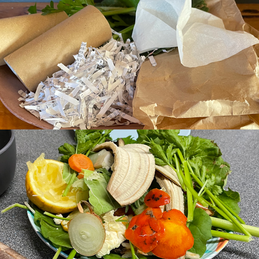 Split image showing paper waste on the top and fruit and vegetable scraps on the bottom.