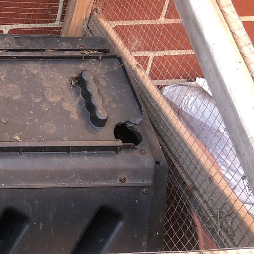 The top of a compost tumbler showing a hole chewed in it by rats.