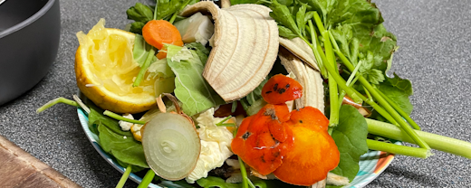 A plate full of fruit and vegetable scraps.